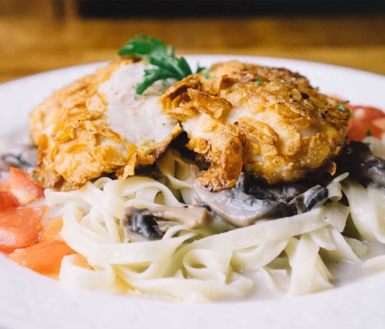 Fried chicken carbonara pasta